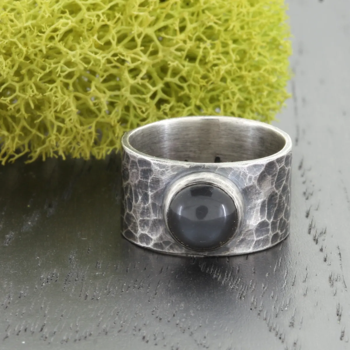 Total Eclipse II -  Black Moonstone and Oxidized Sterling Silver Ring Wide Band