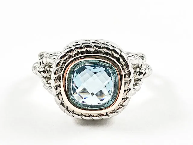 Unique Textured Link Style Band With Center Square Shape Aquamarine Color CZ Brass Ring