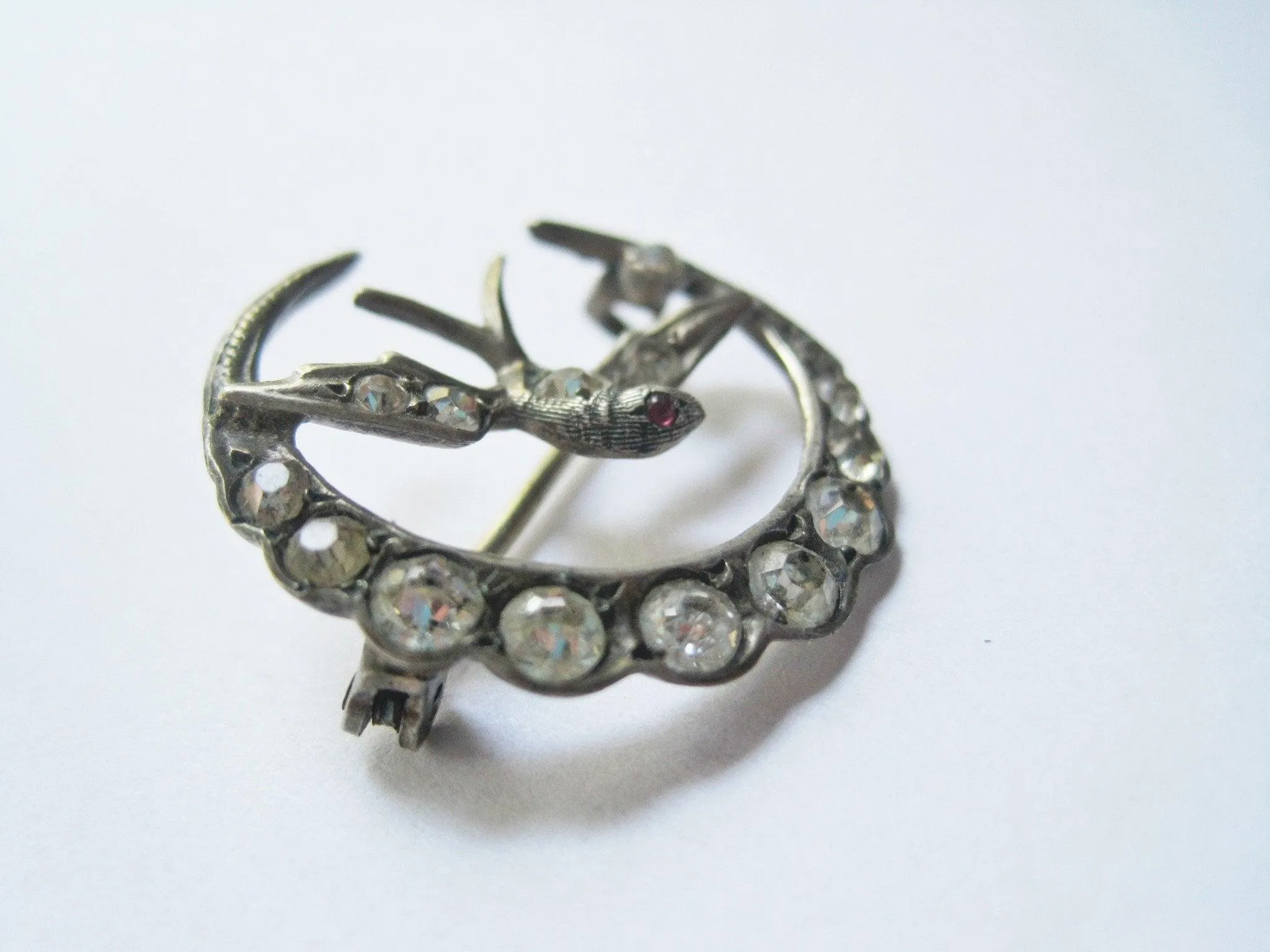Victorian Brooch, Silver with Swallow Bird and Crescent Moon