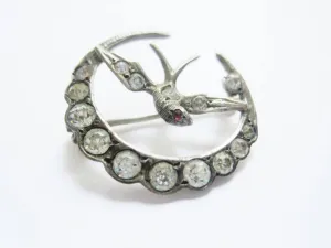 Victorian Brooch, Silver with Swallow Bird and Crescent Moon