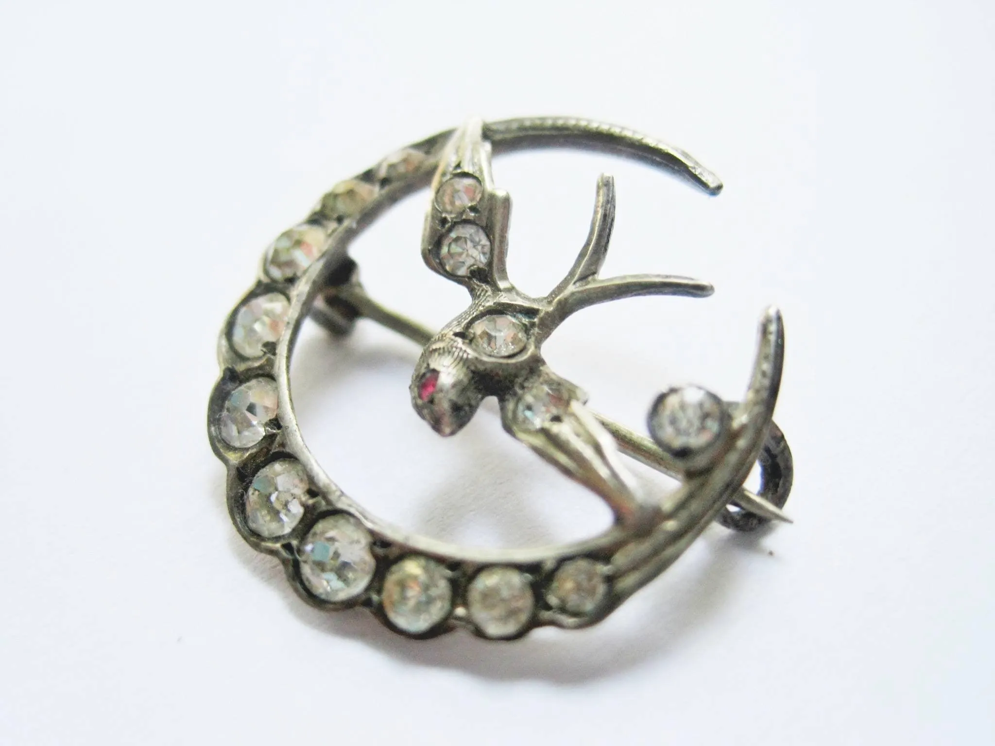 Victorian Brooch, Silver with Swallow Bird and Crescent Moon