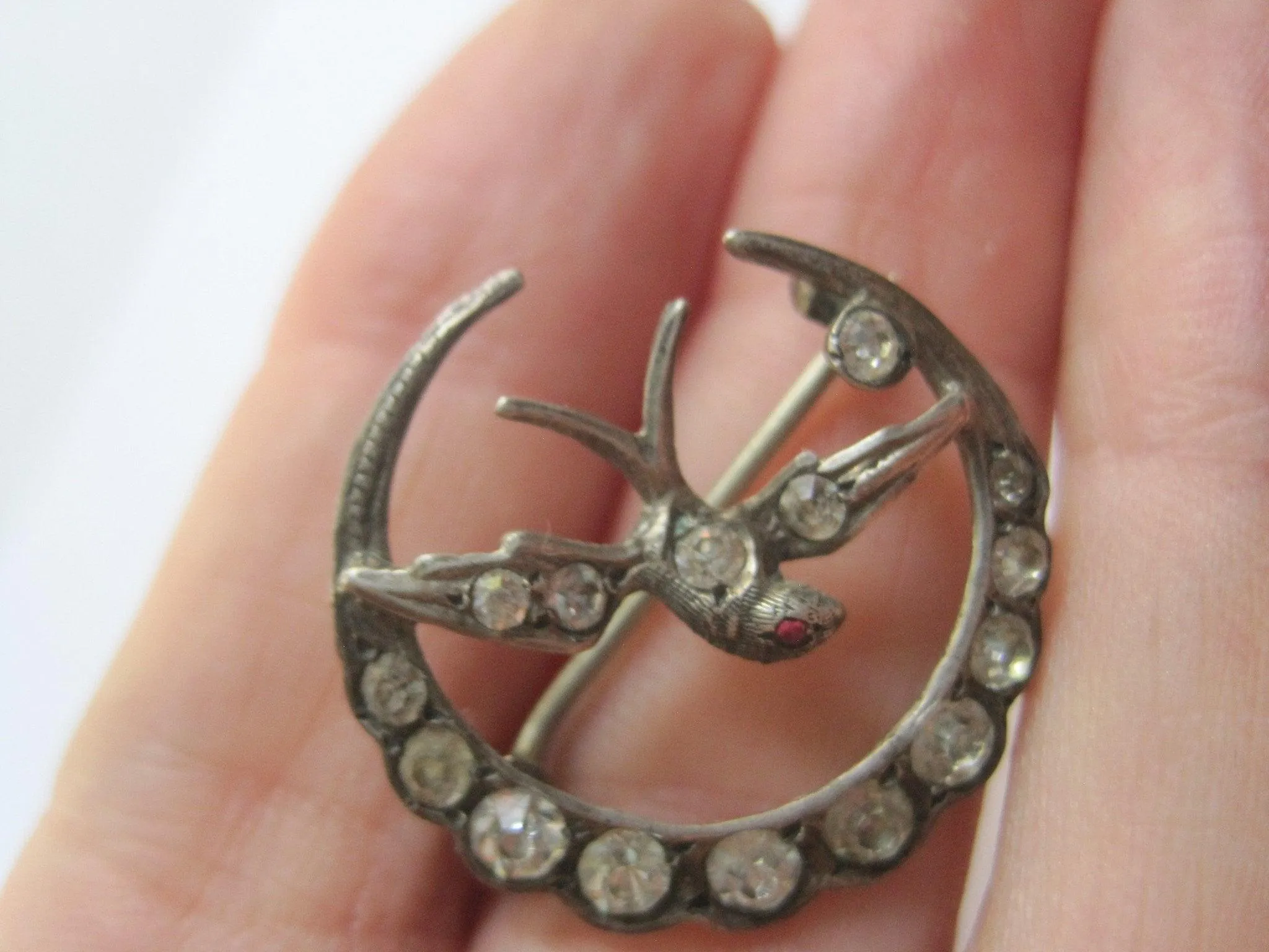 Victorian Brooch, Silver with Swallow Bird and Crescent Moon