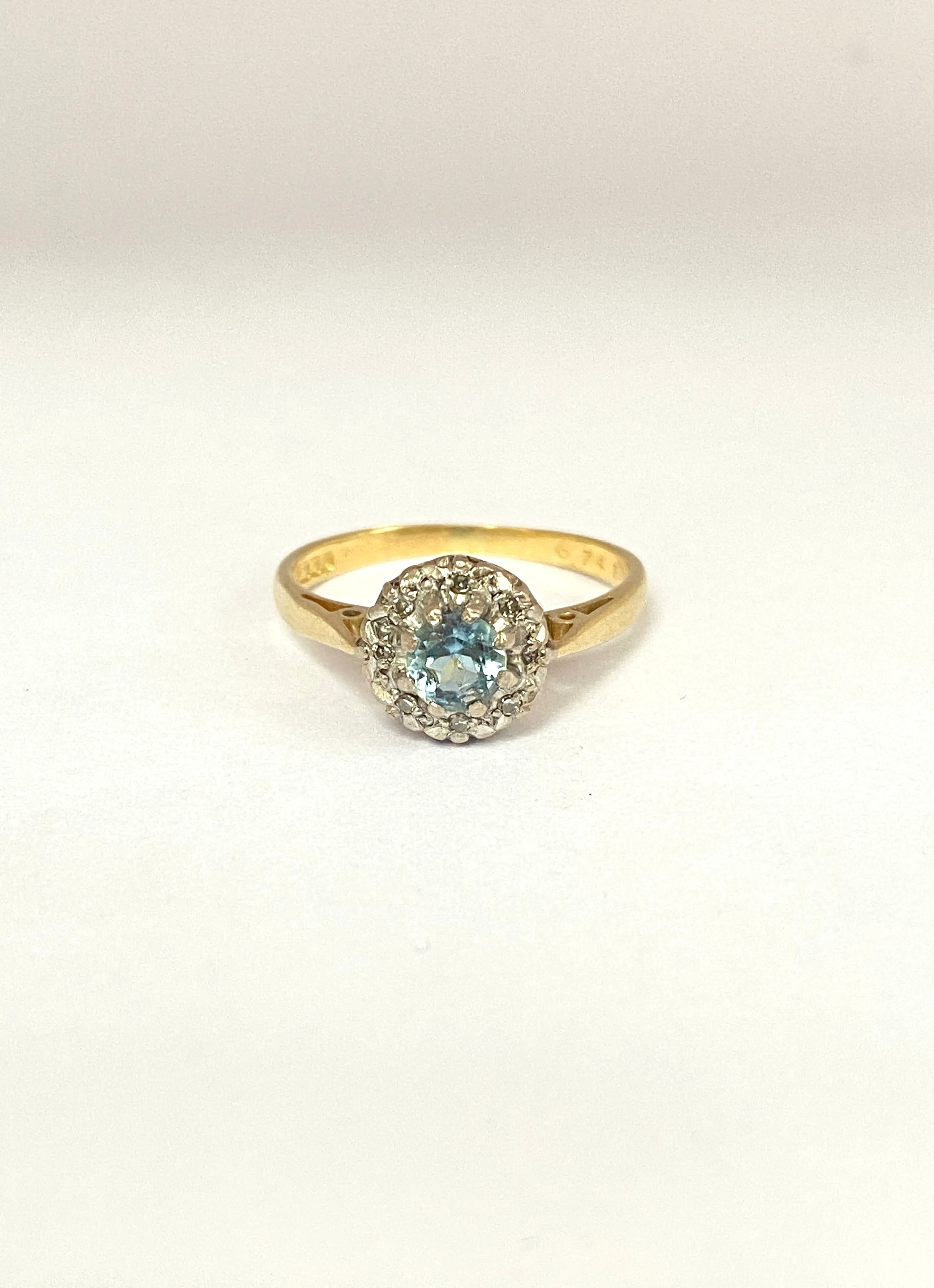 Vintage, Aquamarine and Diamond Cluster Ring, Hallmarked 18ct Gold Birmingham, 1971