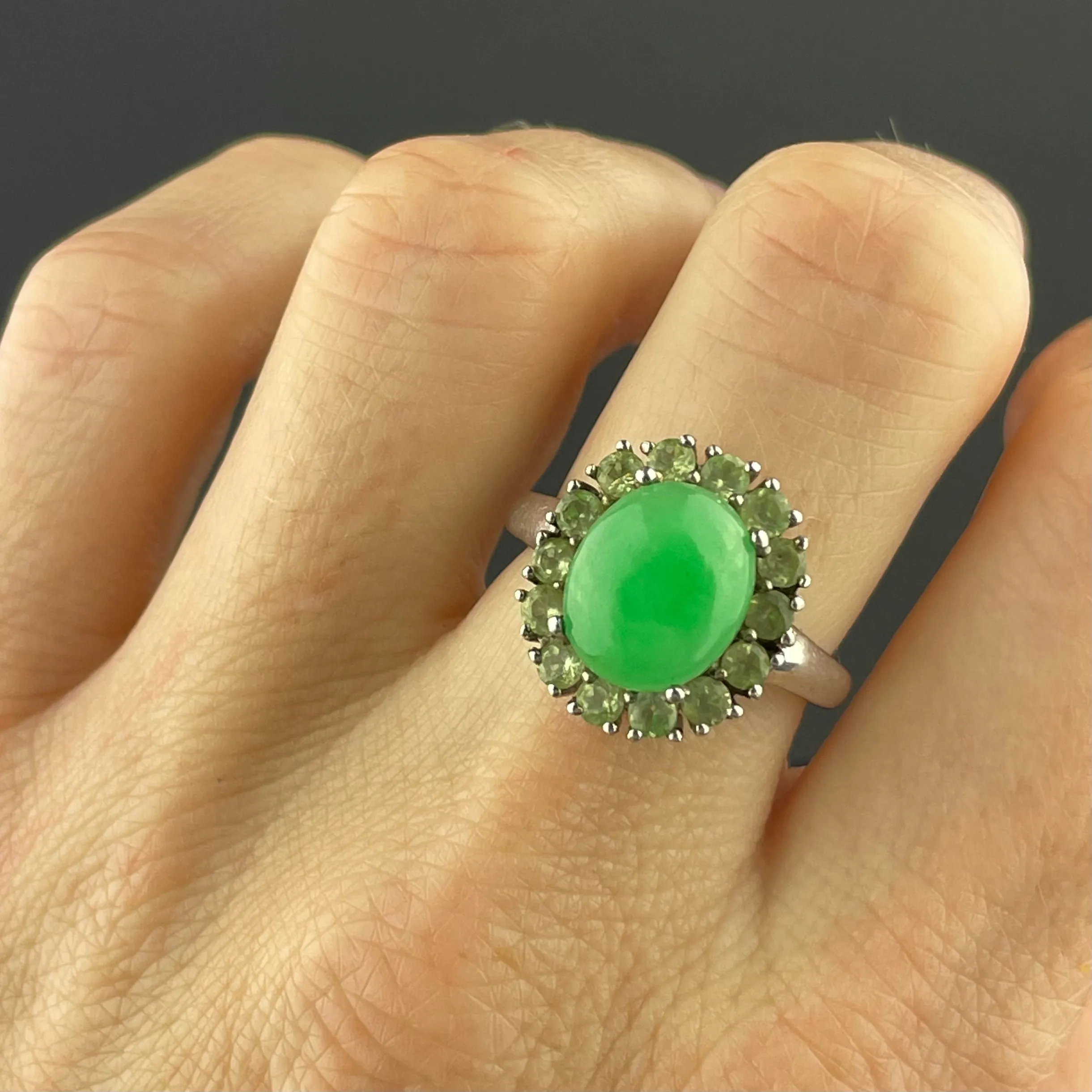 Vintage Jade Cabochon Peridot Halo Ring