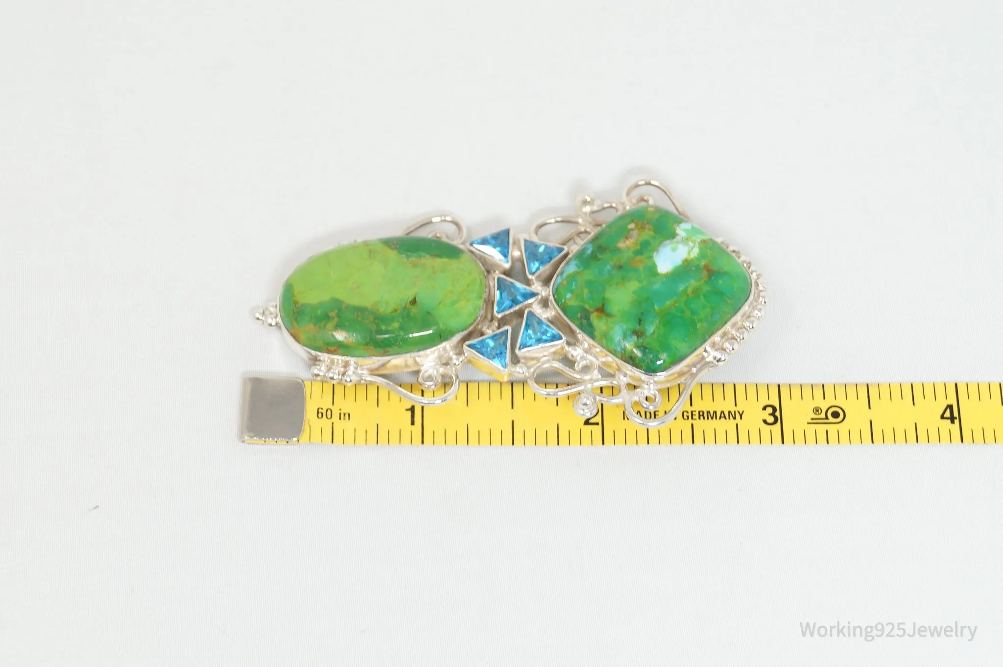 Vintage Large Green Turquoise Blue Topaz Sterling Silver Necklace Pendant