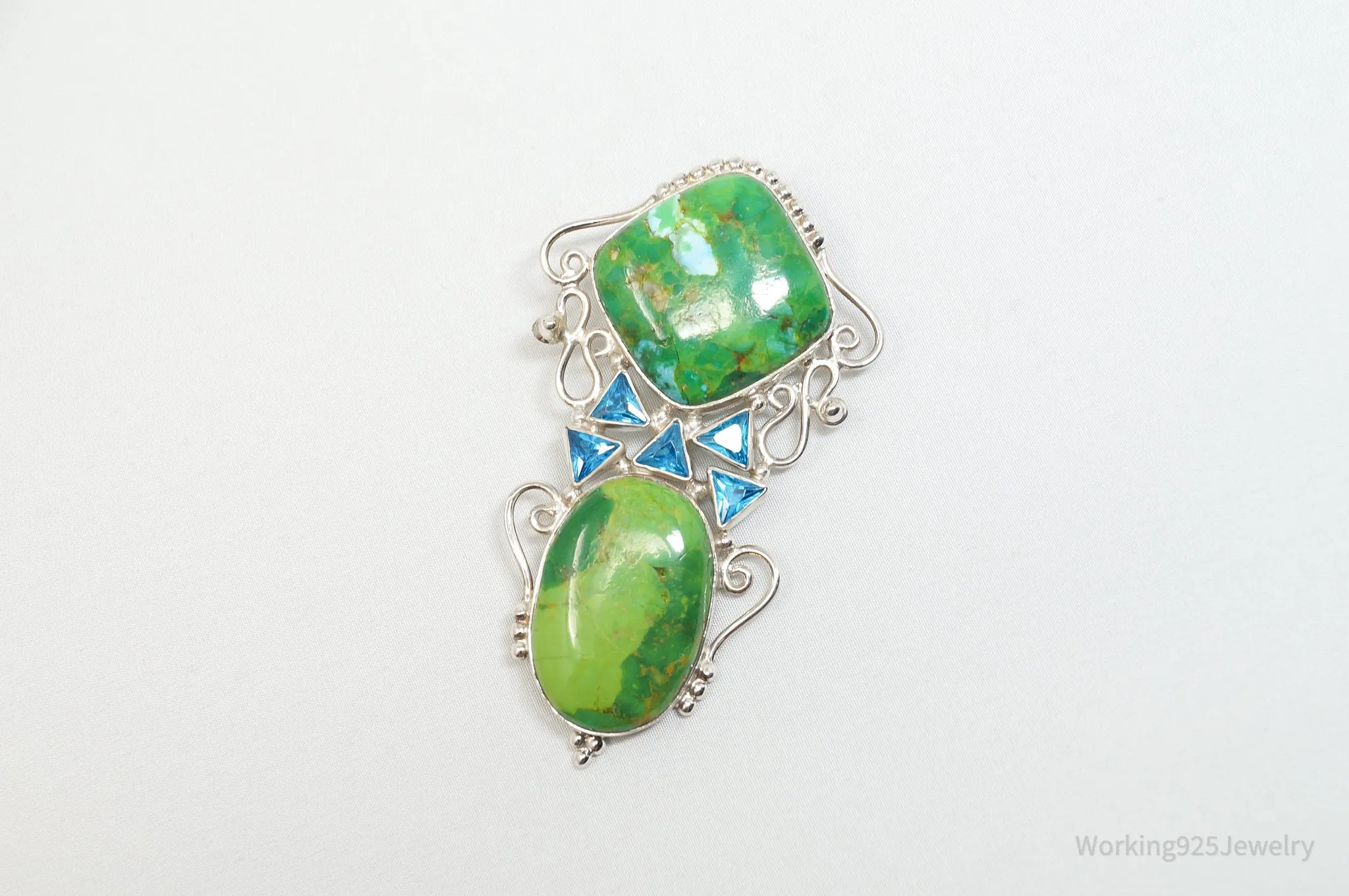 Vintage Large Green Turquoise Blue Topaz Sterling Silver Necklace Pendant