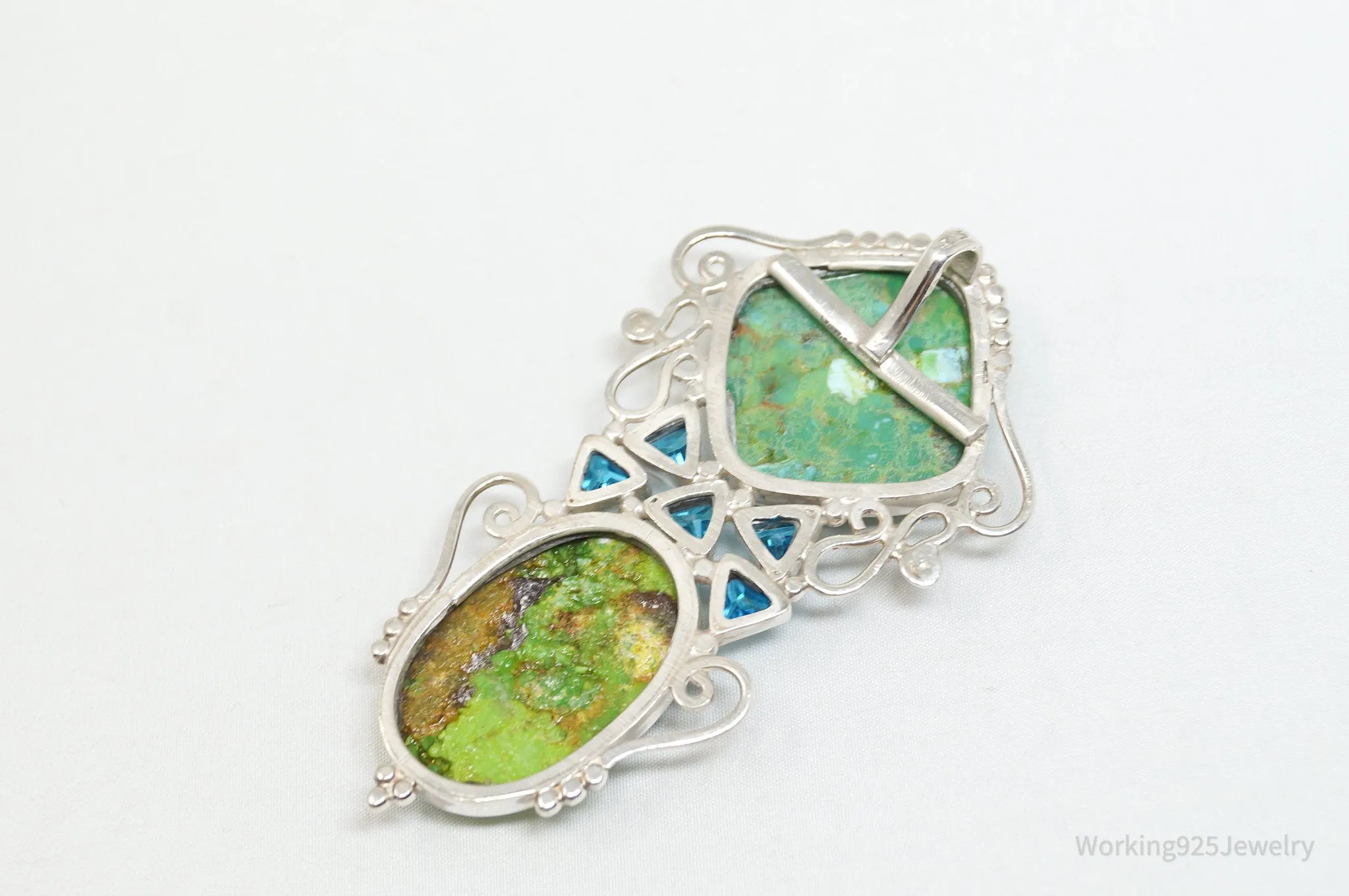 Vintage Large Green Turquoise Blue Topaz Sterling Silver Necklace Pendant