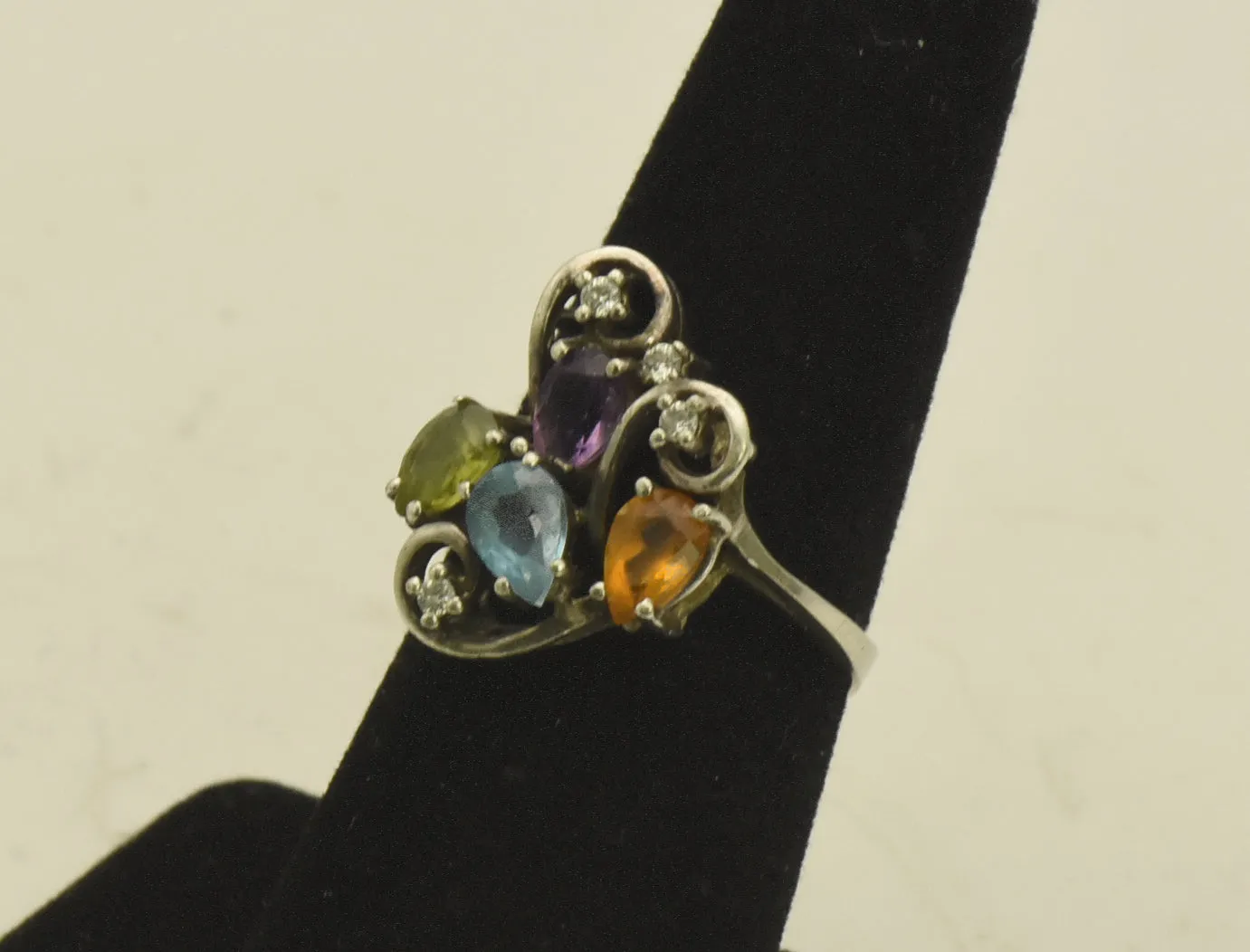 Vintage Sterling Silver Peridot, Blue Topaz, Citrine, Amethyst, CZ Ring - Size 6.5