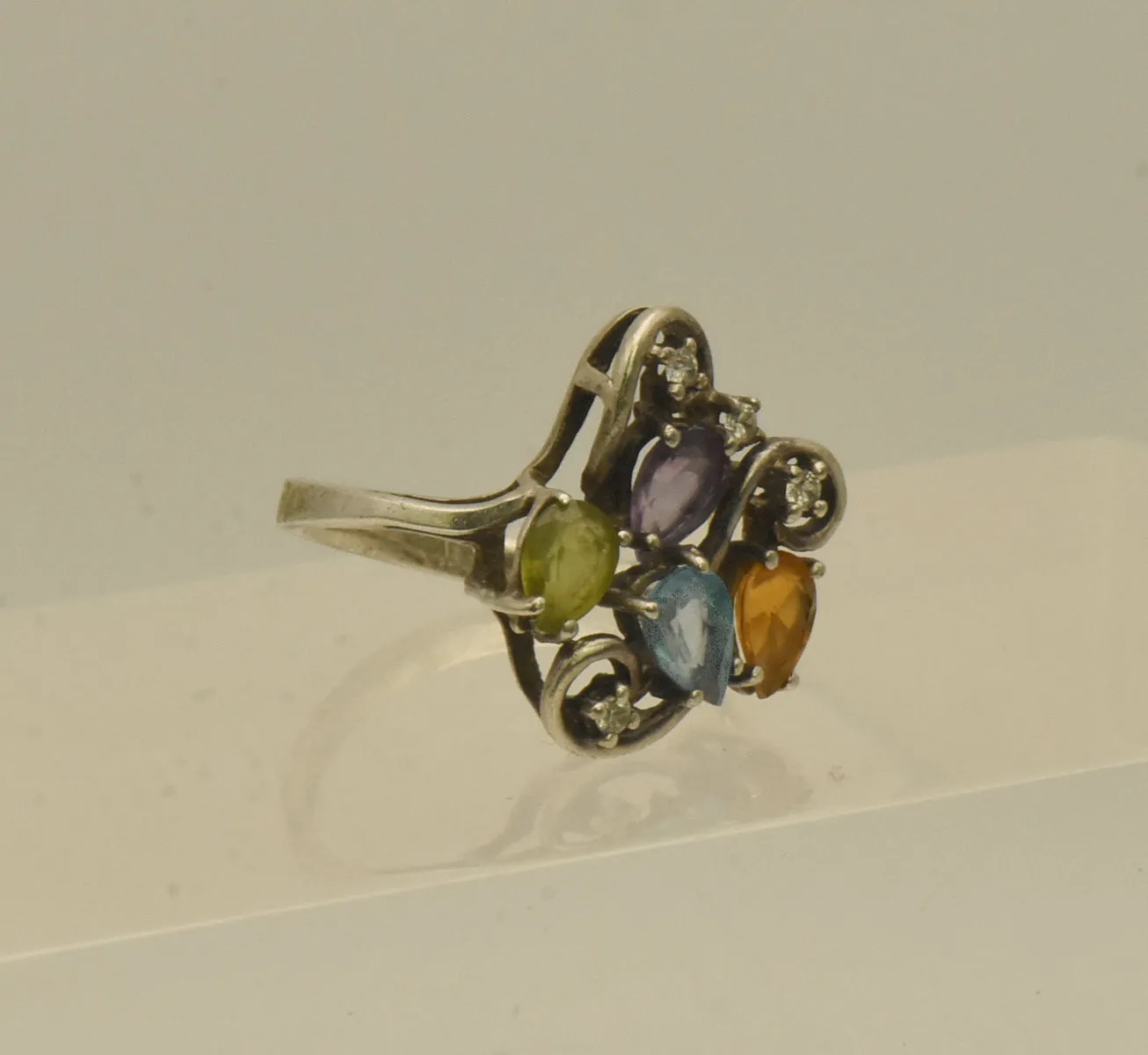 Vintage Sterling Silver Peridot, Blue Topaz, Citrine, Amethyst, CZ Ring - Size 6.5