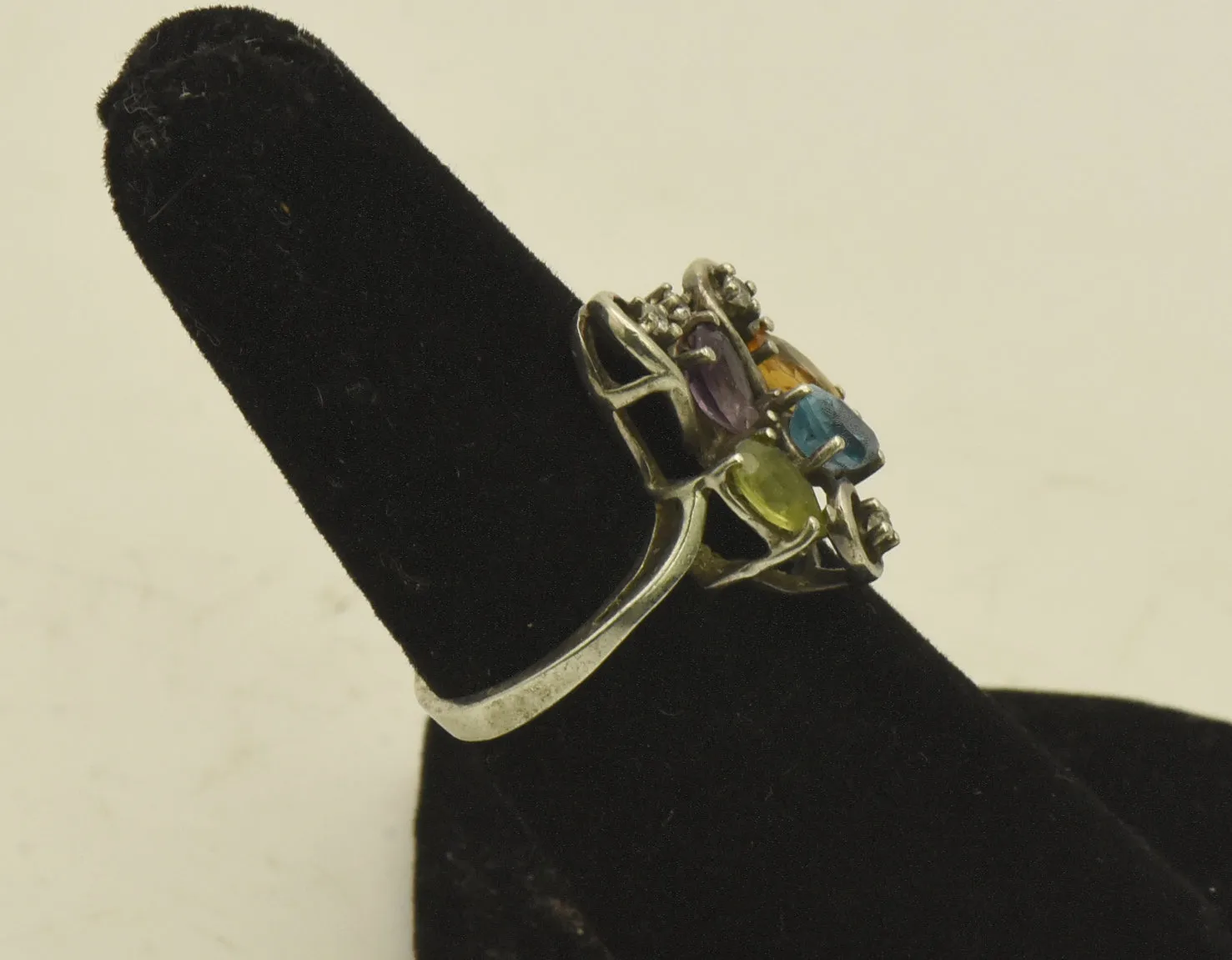 Vintage Sterling Silver Peridot, Blue Topaz, Citrine, Amethyst, CZ Ring - Size 6.5