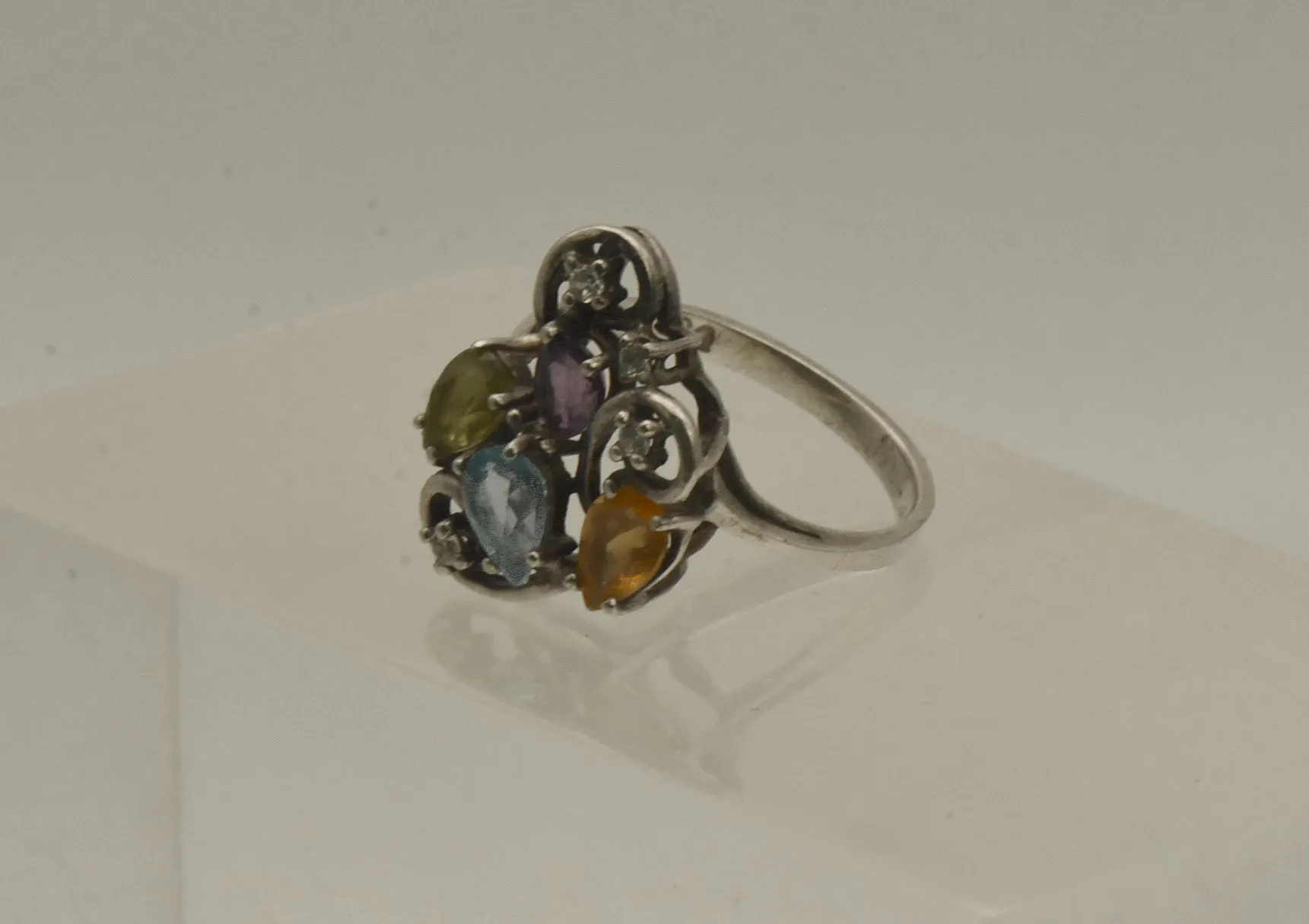 Vintage Sterling Silver Peridot, Blue Topaz, Citrine, Amethyst, CZ Ring - Size 6.5
