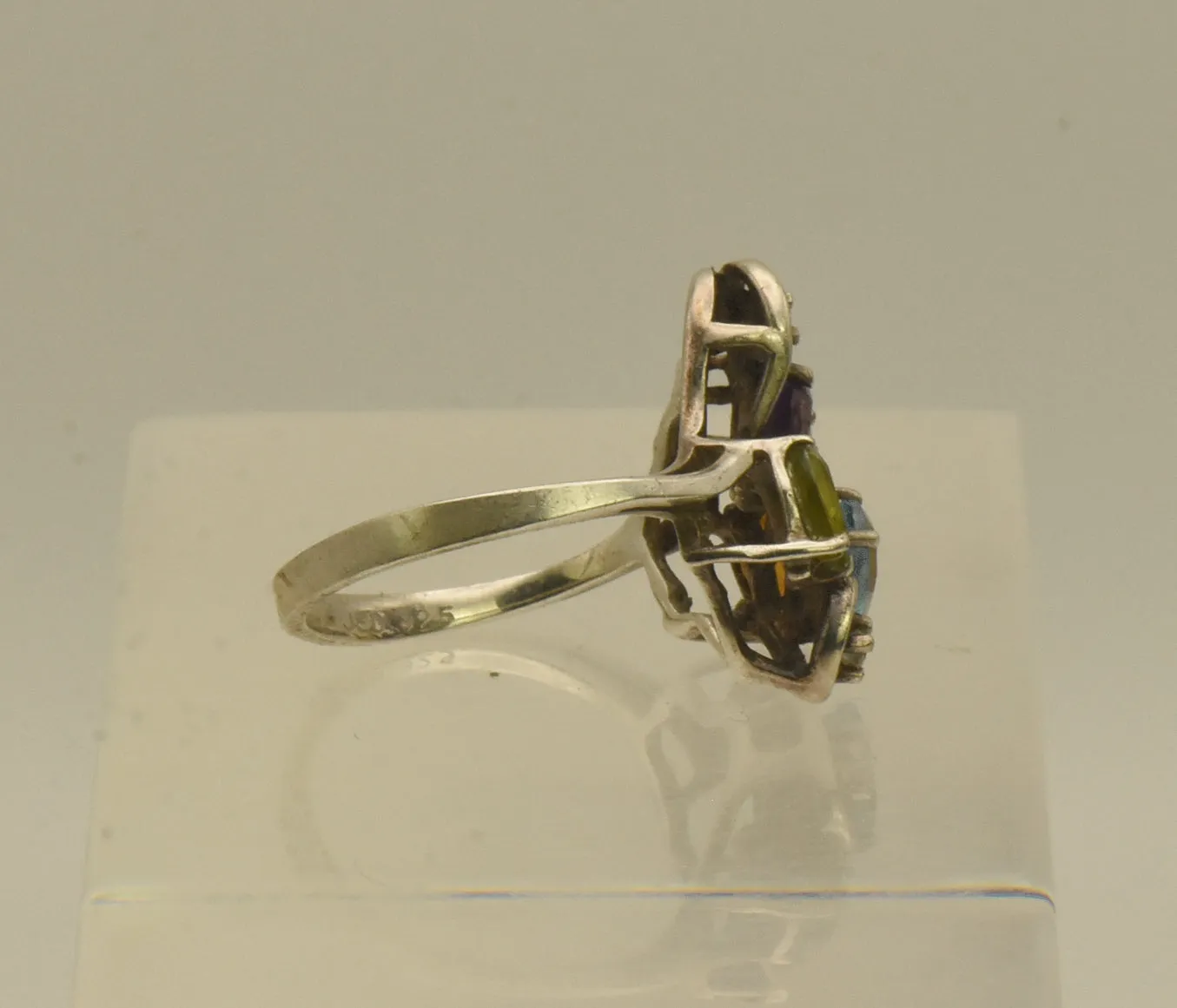 Vintage Sterling Silver Peridot, Blue Topaz, Citrine, Amethyst, CZ Ring - Size 6.5