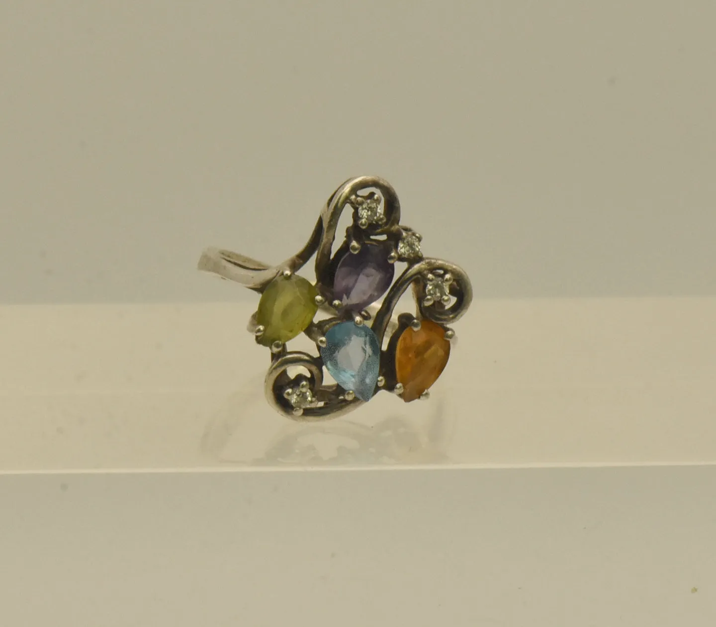 Vintage Sterling Silver Peridot, Blue Topaz, Citrine, Amethyst, CZ Ring - Size 6.5