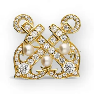 Vintage-Style Double Anchor Brooch with Freshwater Pearls - Sterling Silver & 18 Carat Gold