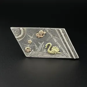 Vintage Victorian Silver Rose Yellow Gold Bird Floral Brooch