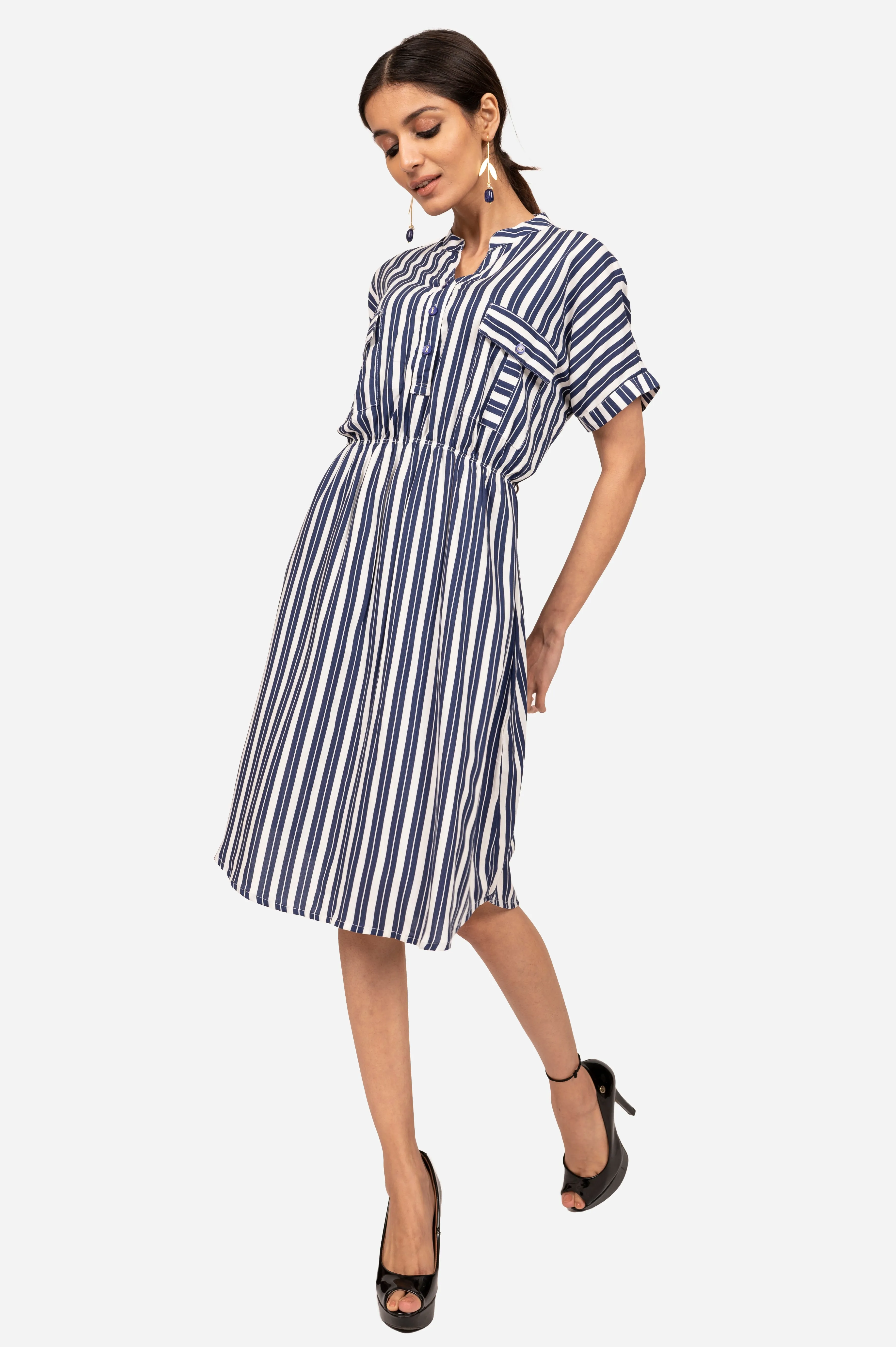 White & Blue Striped Viscose Dress