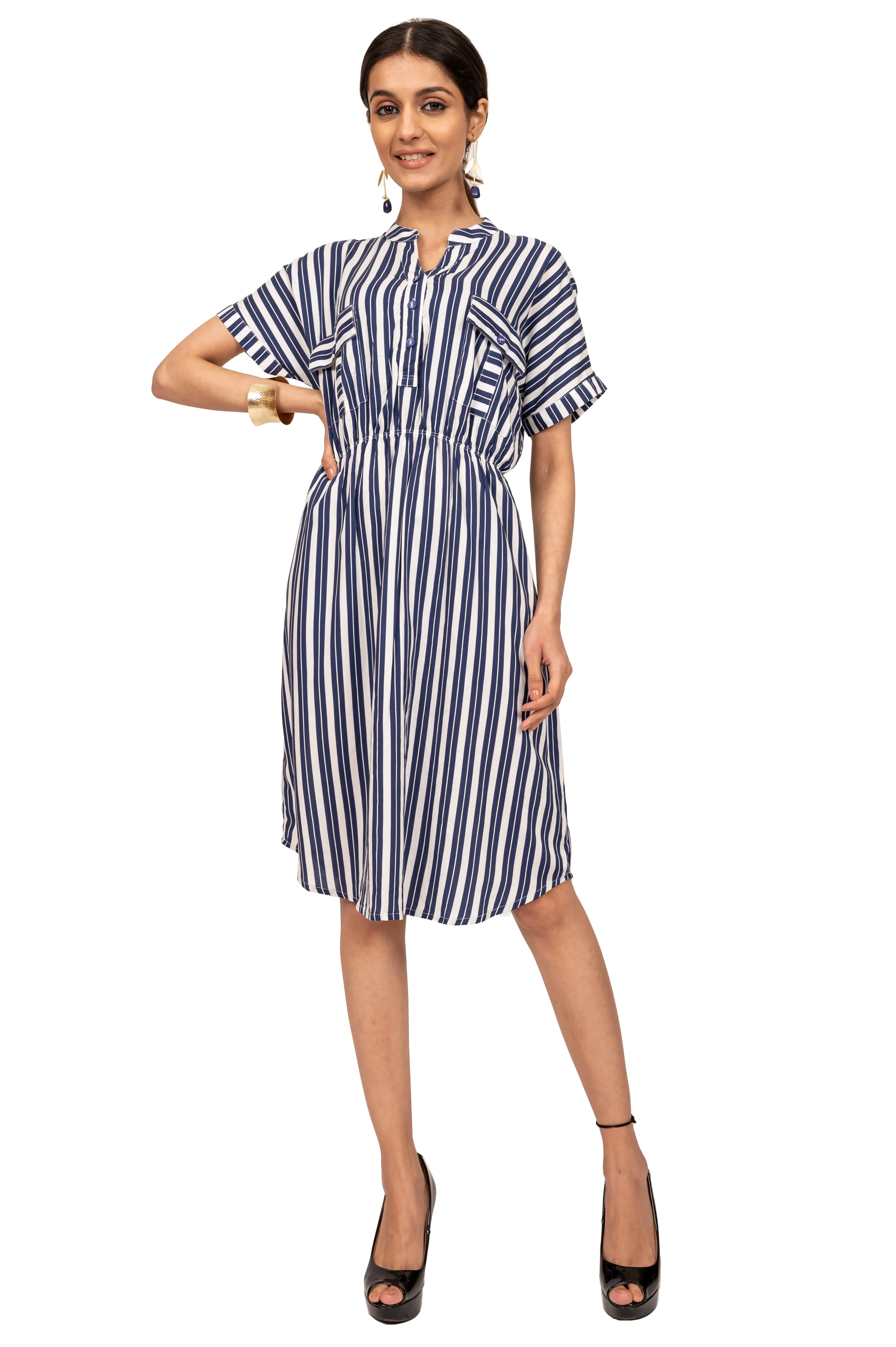White & Blue Striped Viscose Dress