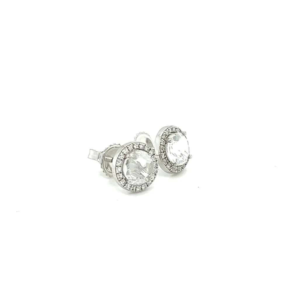 White Sapphire with Diamond Halo Earrings at Regard Jewelry in Austin, Texas